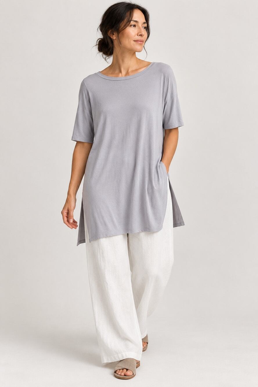Eileen Fisher Tencel Lyocell Long Tunic Top Gray Side Slit XXS